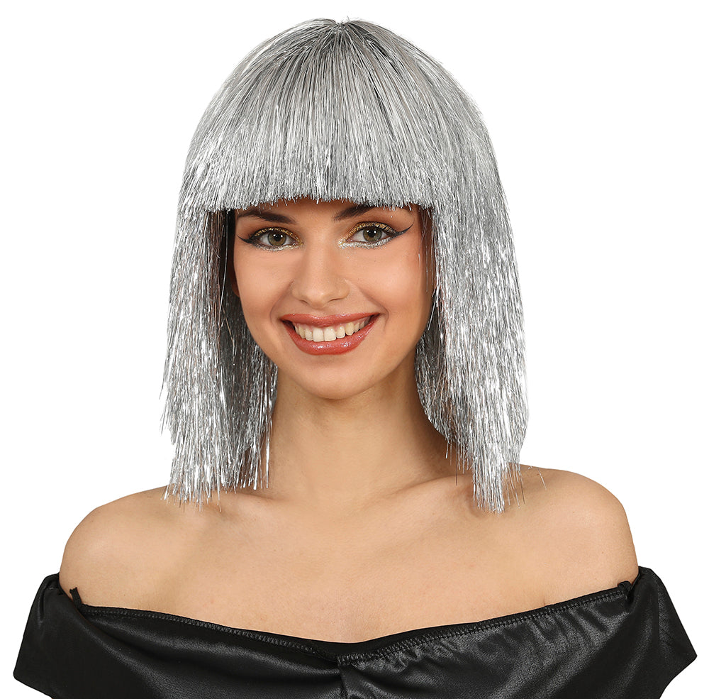 GP48019 – Lametta Perücke für Damen mittellang mit Pony – Farbe: Silber