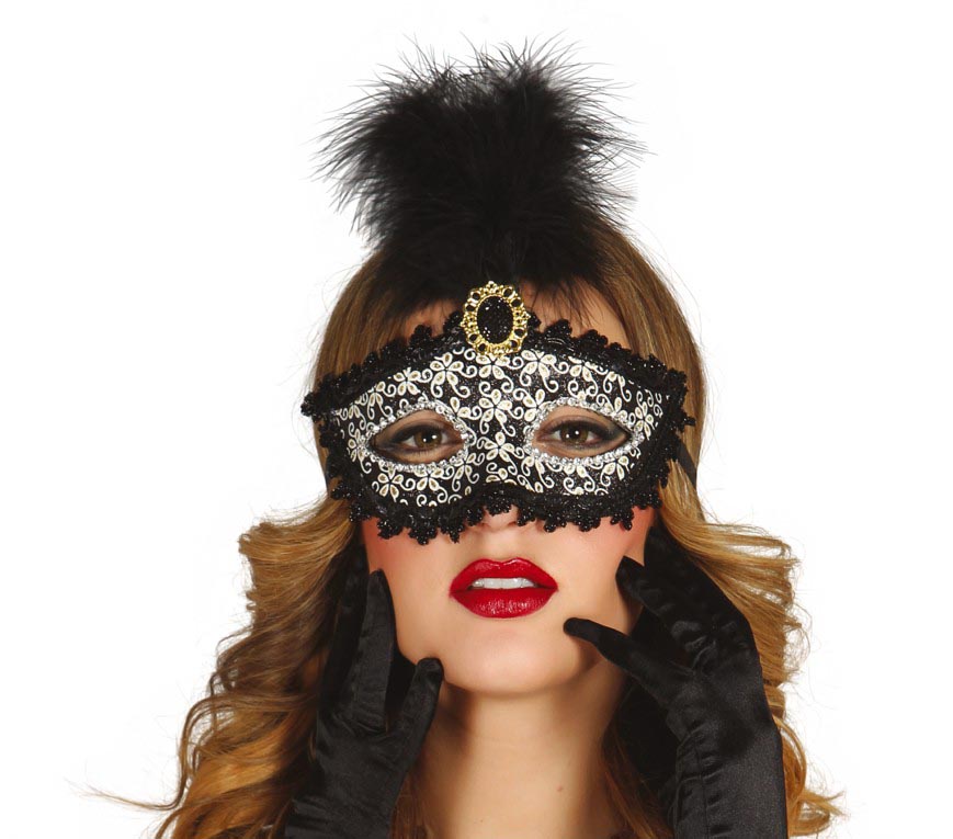 Venezianische Federmaske für Damen schwarz silber