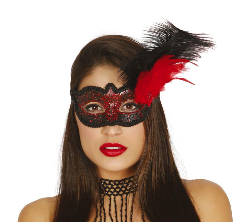 Venezianische Federmaske für Damen schwarz rot