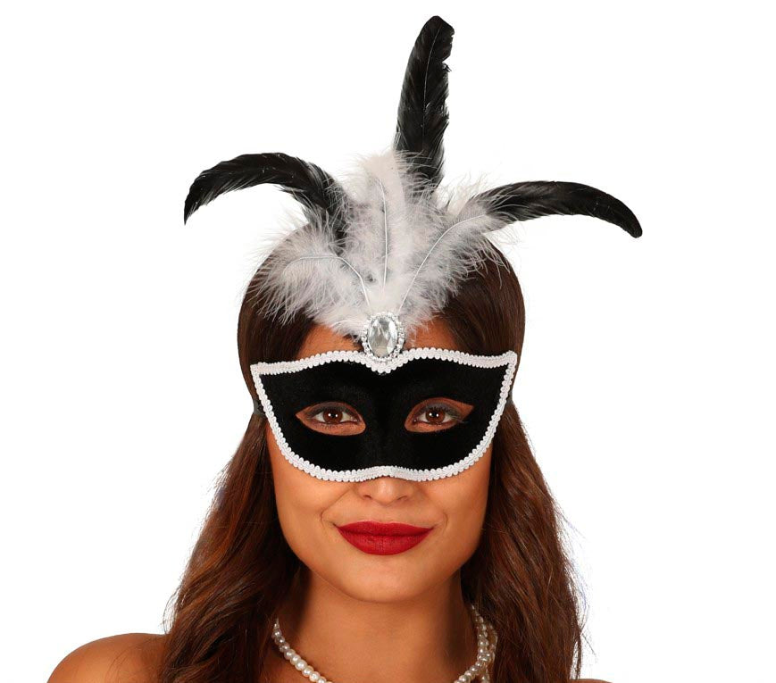 Federmaske für Damen schwarz mit weißen Federn