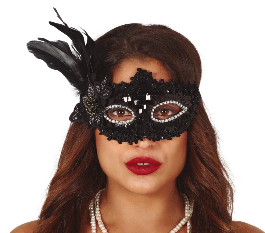Augenmaske für Damen schwarz mit Blume und Federn
