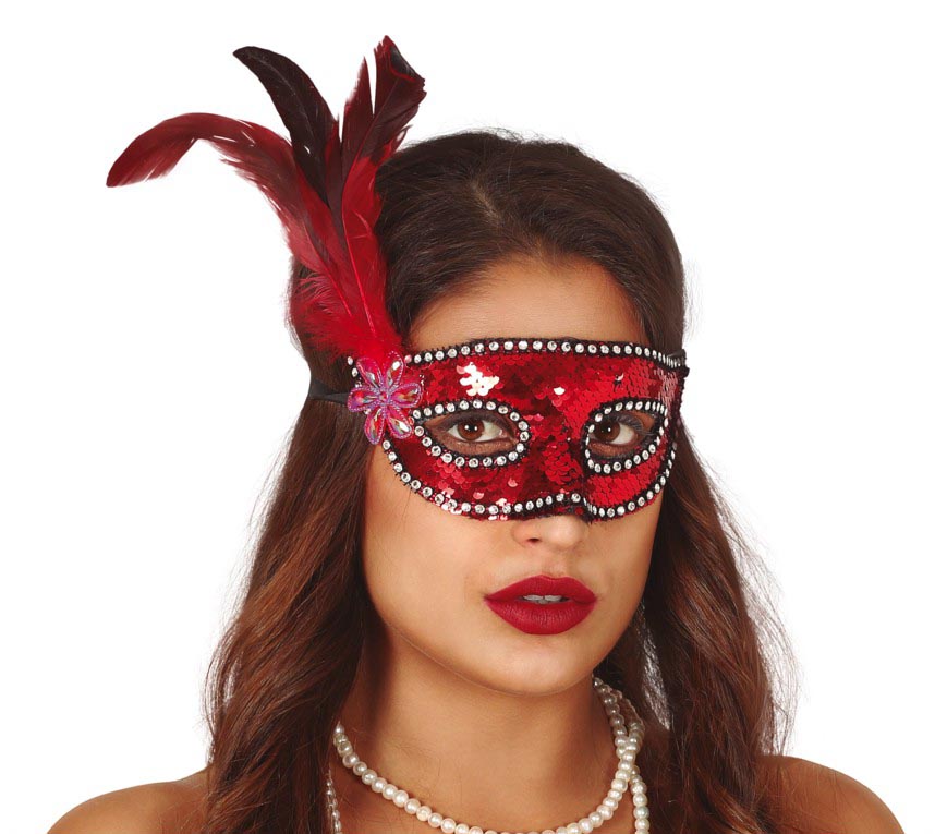 GP12943 – Karneval Venedig Maske Feder Blume – Farbe: Rot