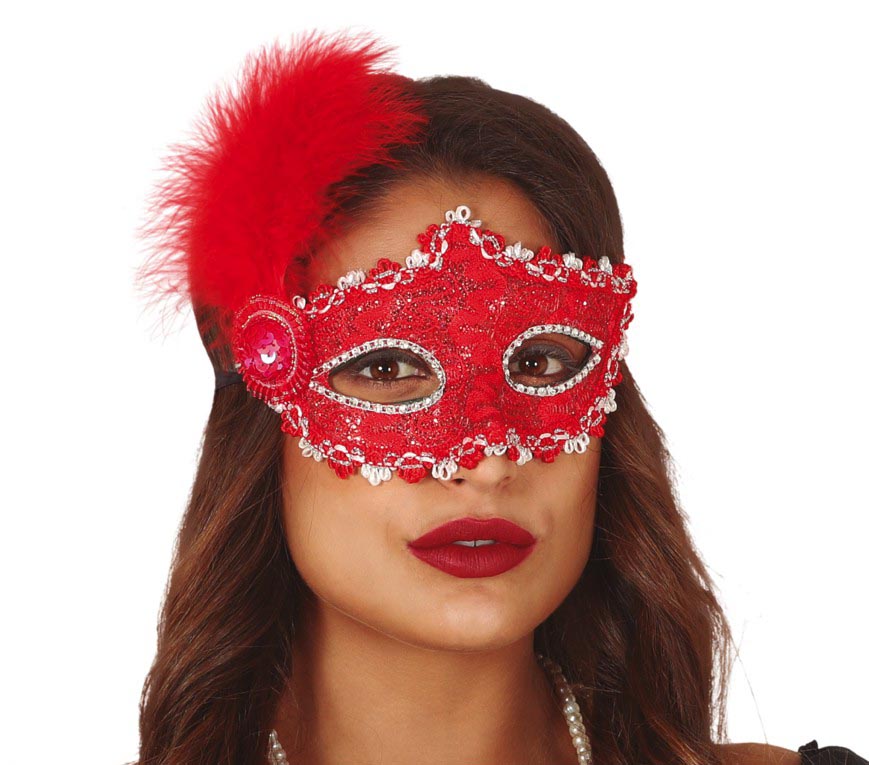 GP12948 – Karneval Venedig Maske Verziert Federn – Farbe: Rot