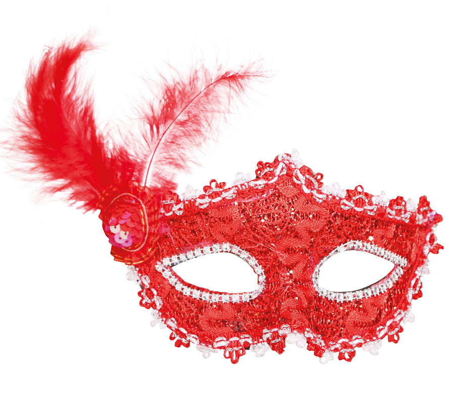 GP12948 – Karneval Venedig Maske Verziert Federn – Farbe: Rot, Ansicht 2