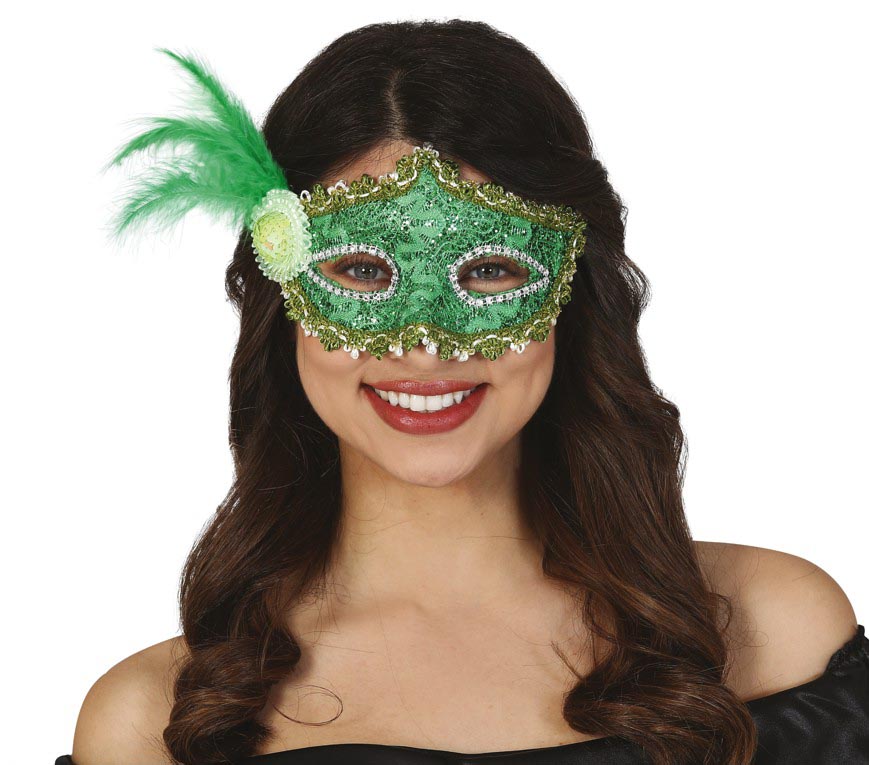 GP12948 – Karneval Venedig Maske Verziert Federn – Farbe: Grün