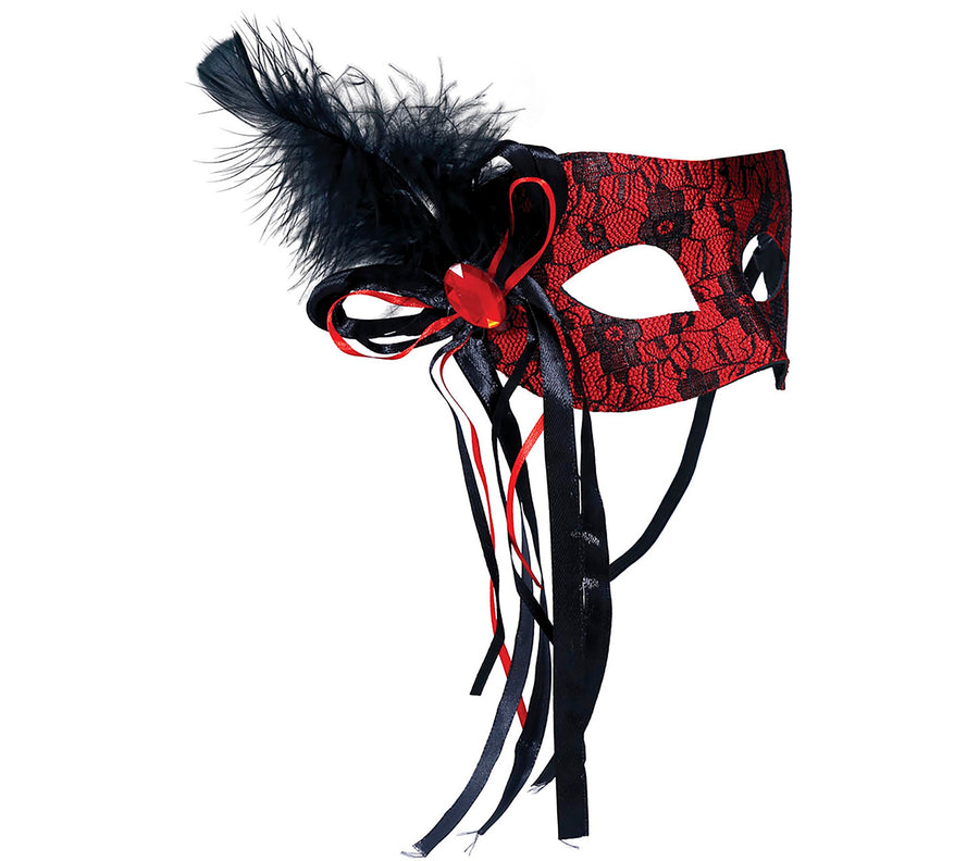 GP12969 – Maskenball Rot Schwarz Federn Maske – Farbe: Rot, Ansicht 2
