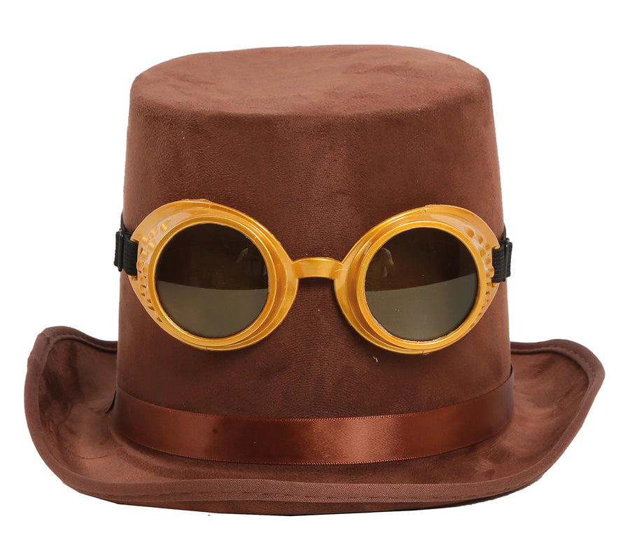 GP13006 – Steampunk Zylinder Mit Goldener Brille – Farbe: Braun, Ansicht 2