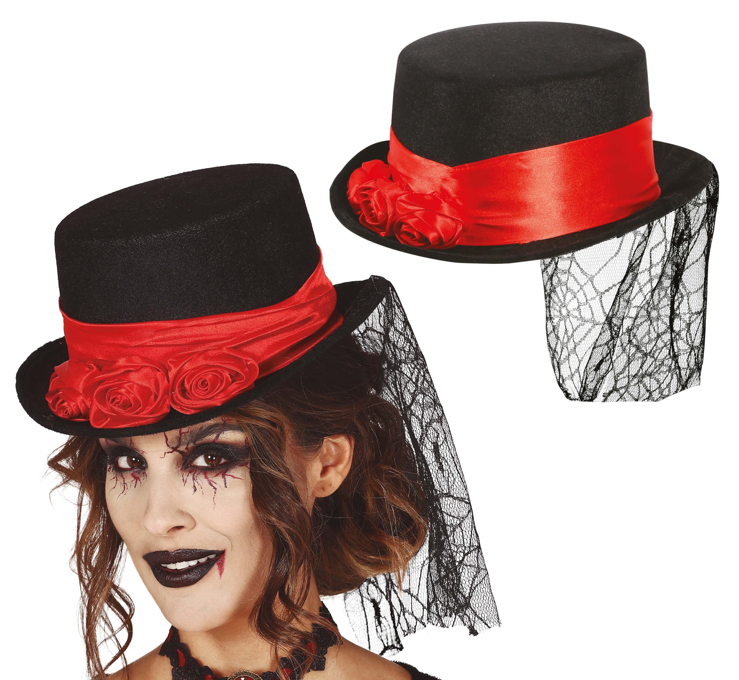 GP13105 – Halloween Zylinder Hut Roter Schleier – Farbe: Schwarz
