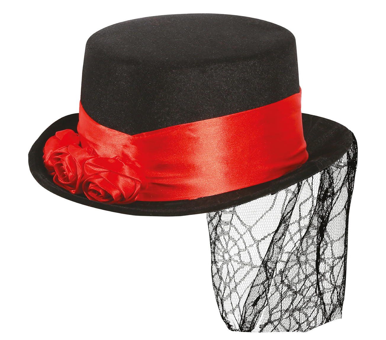 GP13105 – Halloween Zylinder Hut Roter Schleier – Farbe: Schwarz