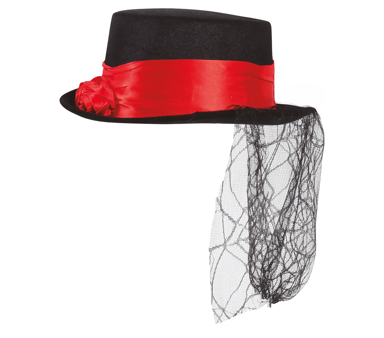 GP13105 – Halloween Zylinder Hut Roter Schleier – Farbe: Schwarz