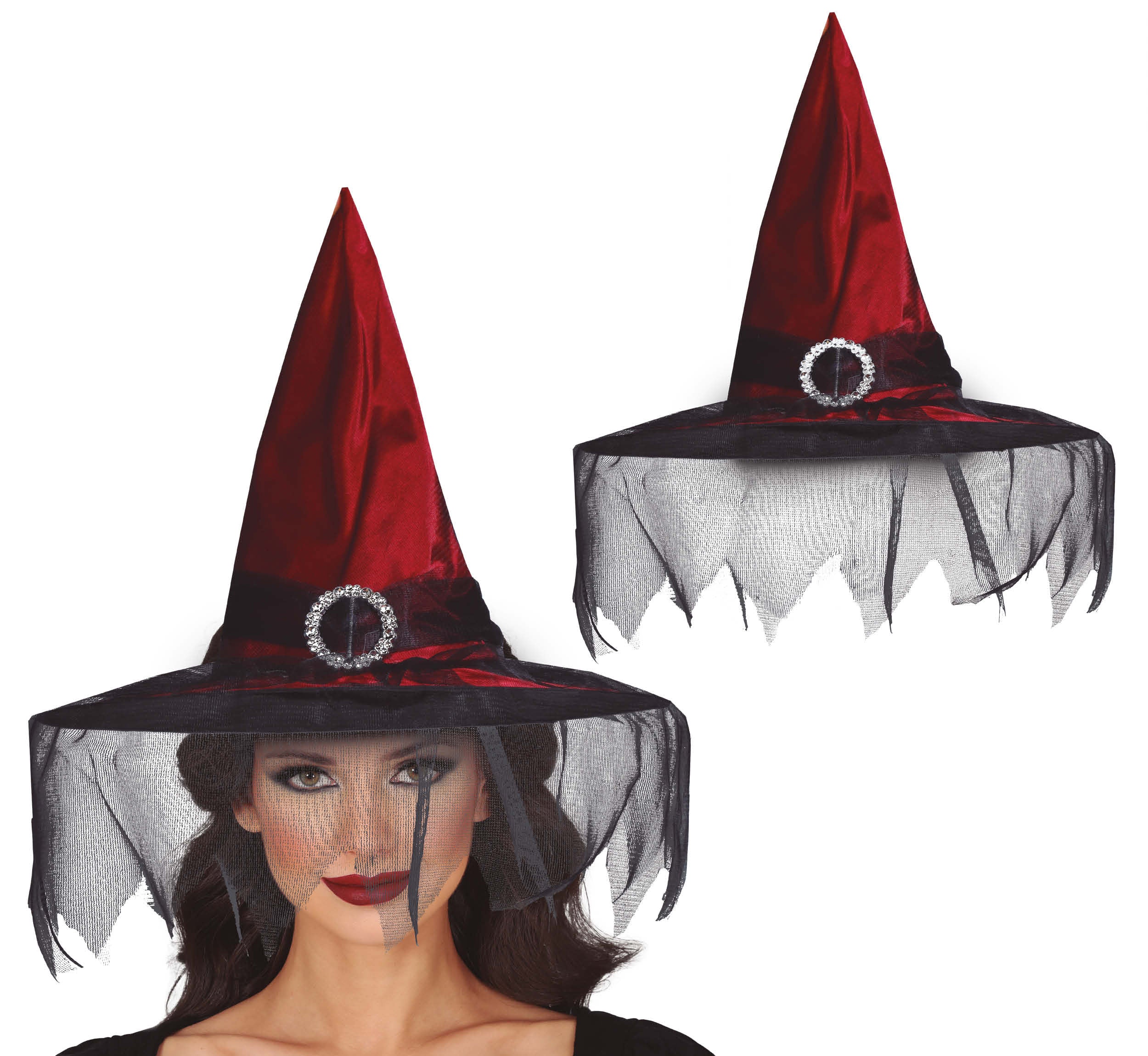 GP13754 – Hexe Halloween Hut Dunkelrot Schleier – Farbe: Rot