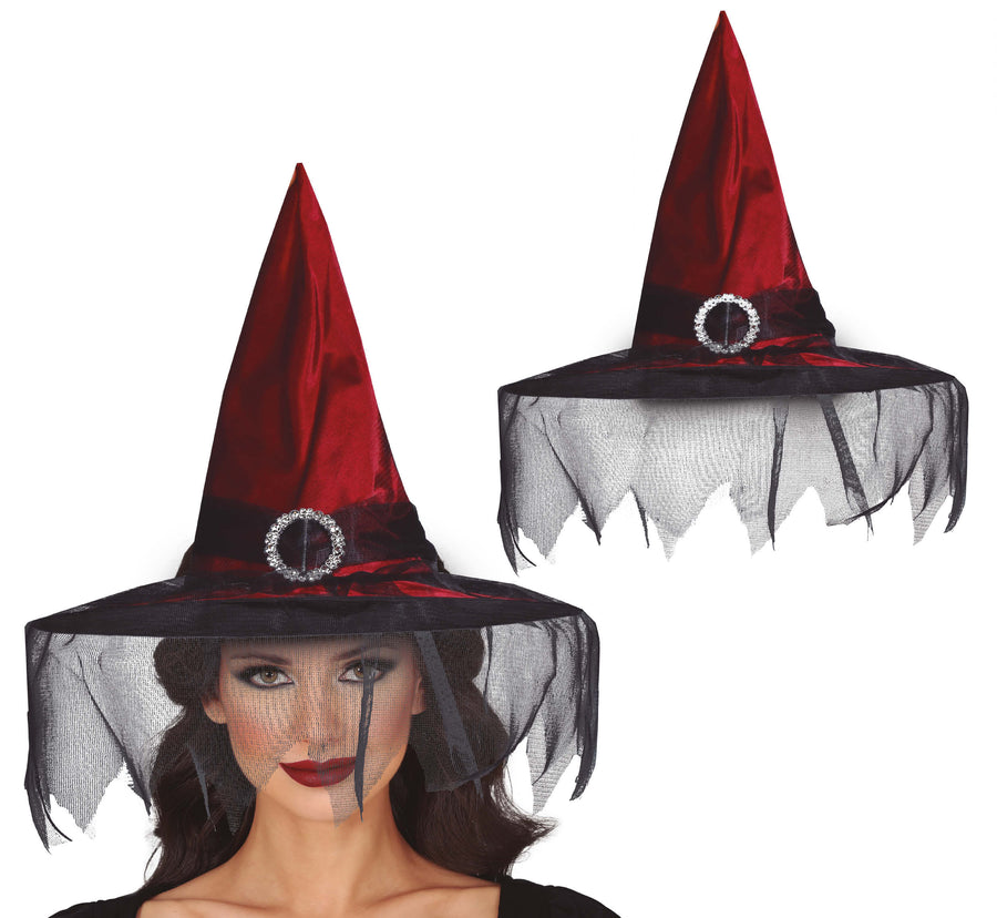 GP13754 – Hexe Halloween Hut Dunkelrot Schleier – Farbe: Rot, Ansicht 2
