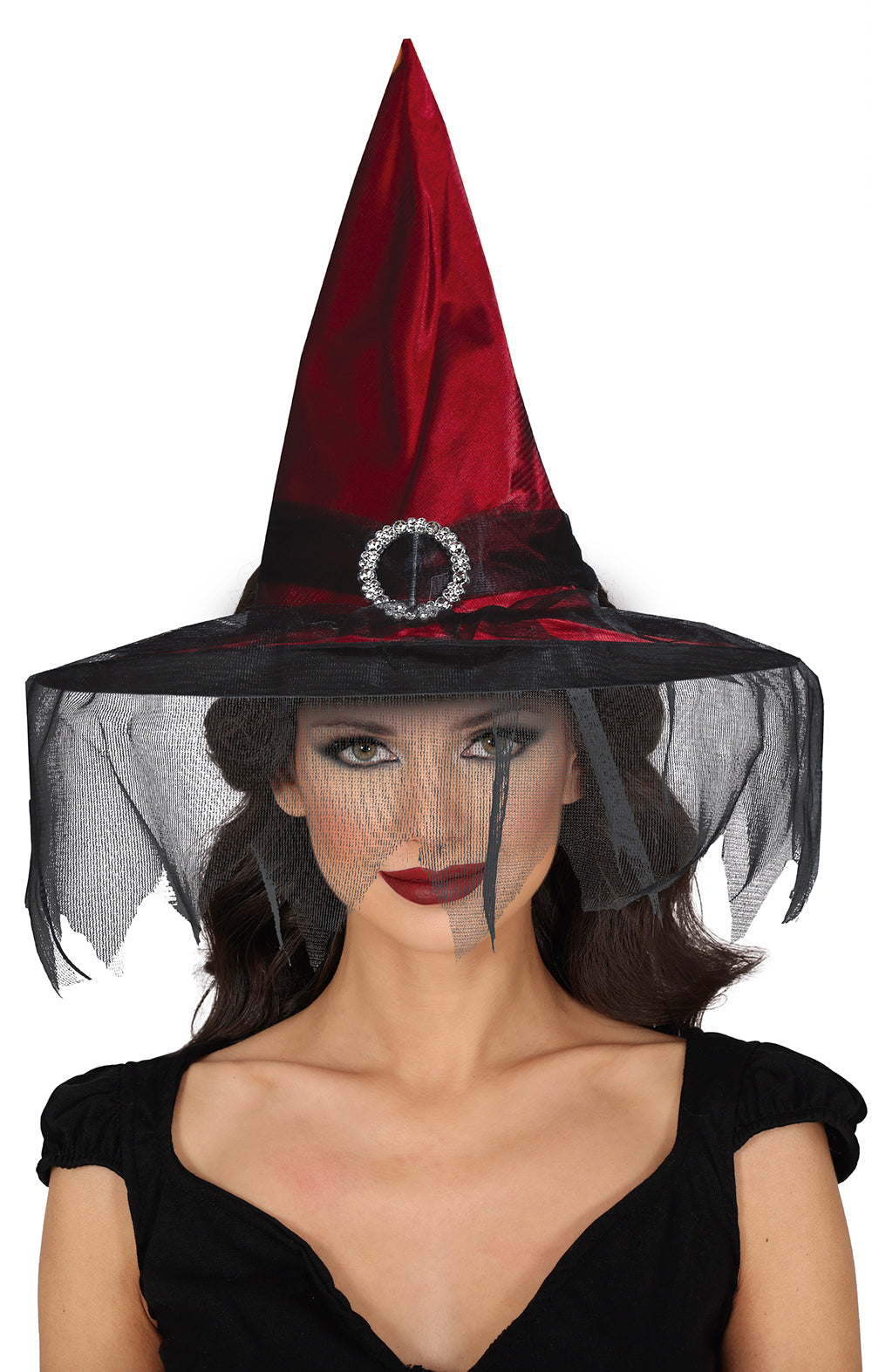 GP13754 – Hexe Halloween Hut Dunkelrot Schleier – Farbe: Rot