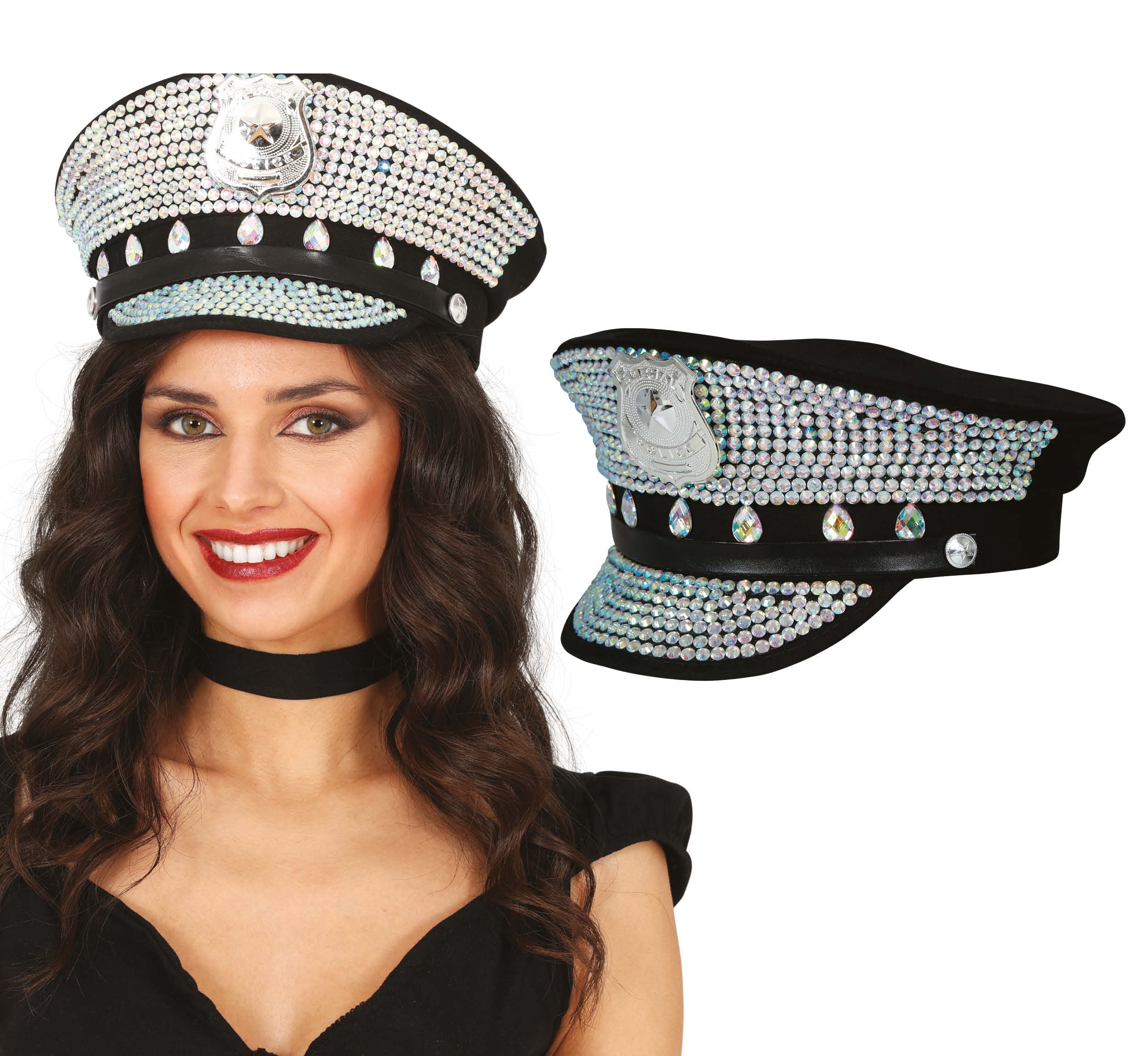 GP13790 – Karneval Polizei Diamanten Mütze – Farbe: Silber / Schwarz