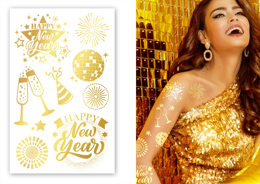 Silvester Tattoos für Erwachsene 22 x 14 cm gold
