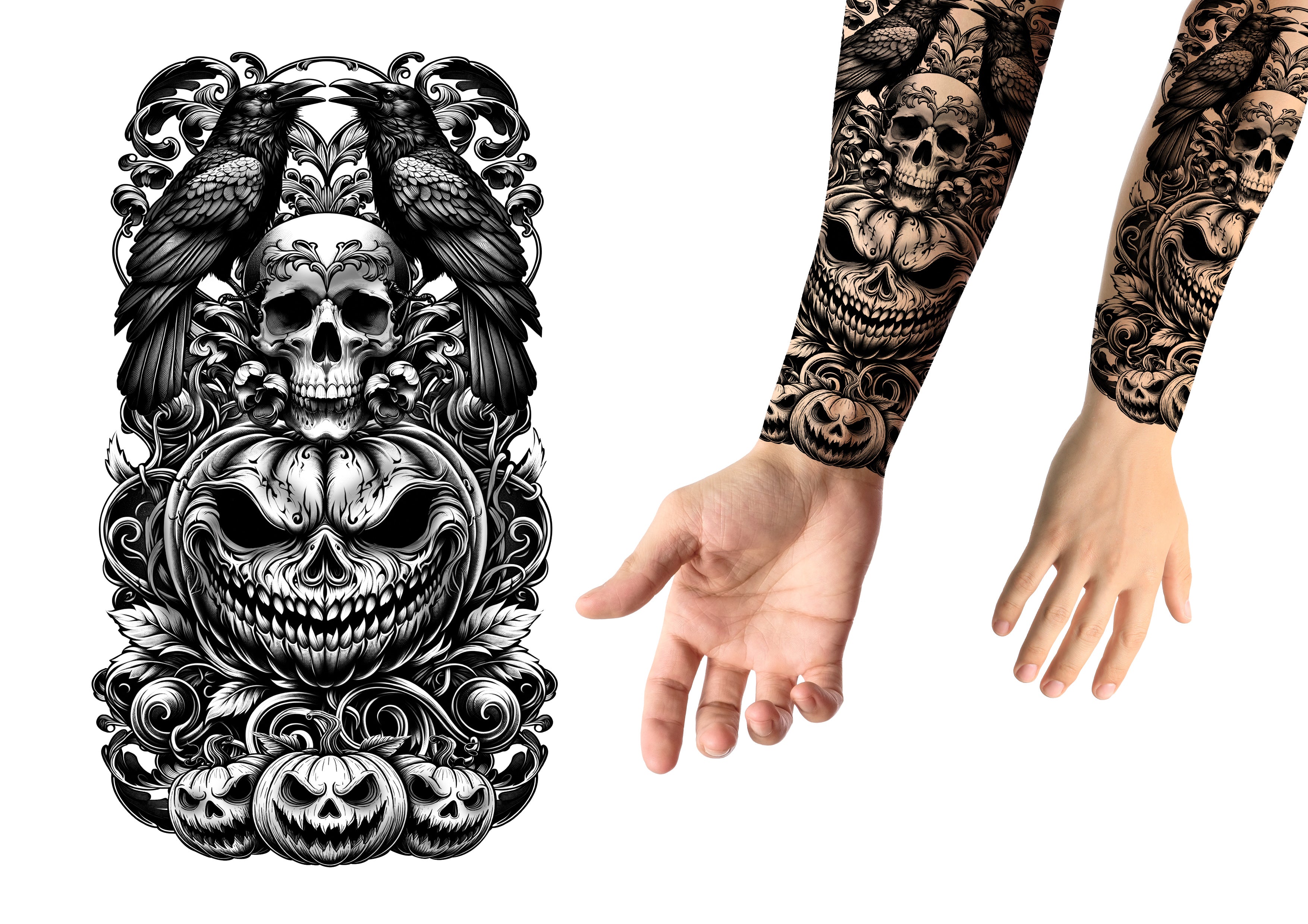 GP15944 – Halloween Kürbis Tattoo Raben Schädel – Farbe: Schwarz