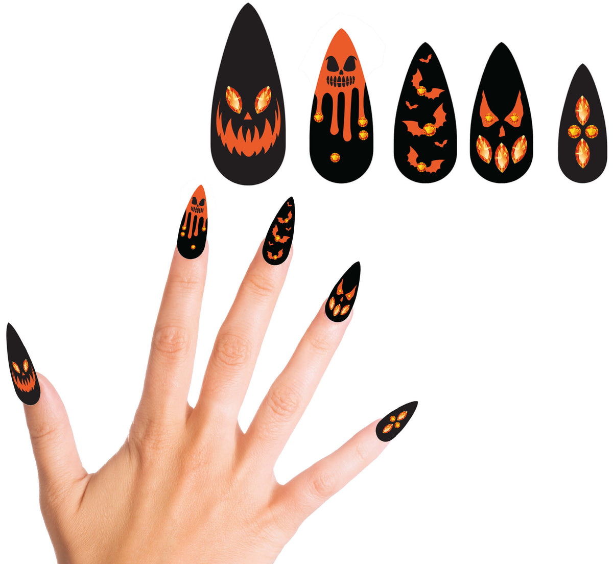 GP15952 – Halloween Kürbis Fingernägel Schwarze Glitzer – Farbe: Schwarz / Orange