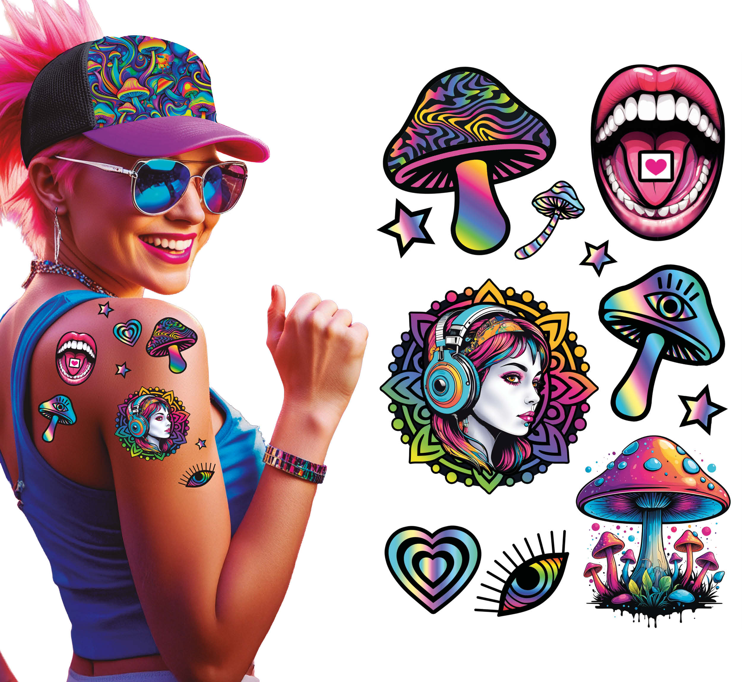 GP15966 – Psychedelic Karneval Körperkunst Sticker Magische – Farbe: Mehrfarbig