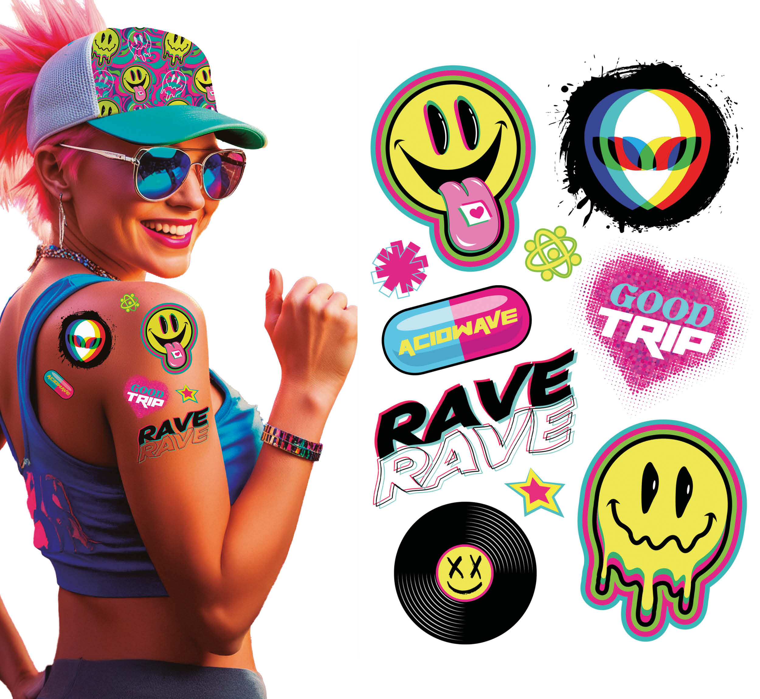 GP15969 – Rave Erlebnis Sticker Party Smiley – Farbe: Mehrfarbig