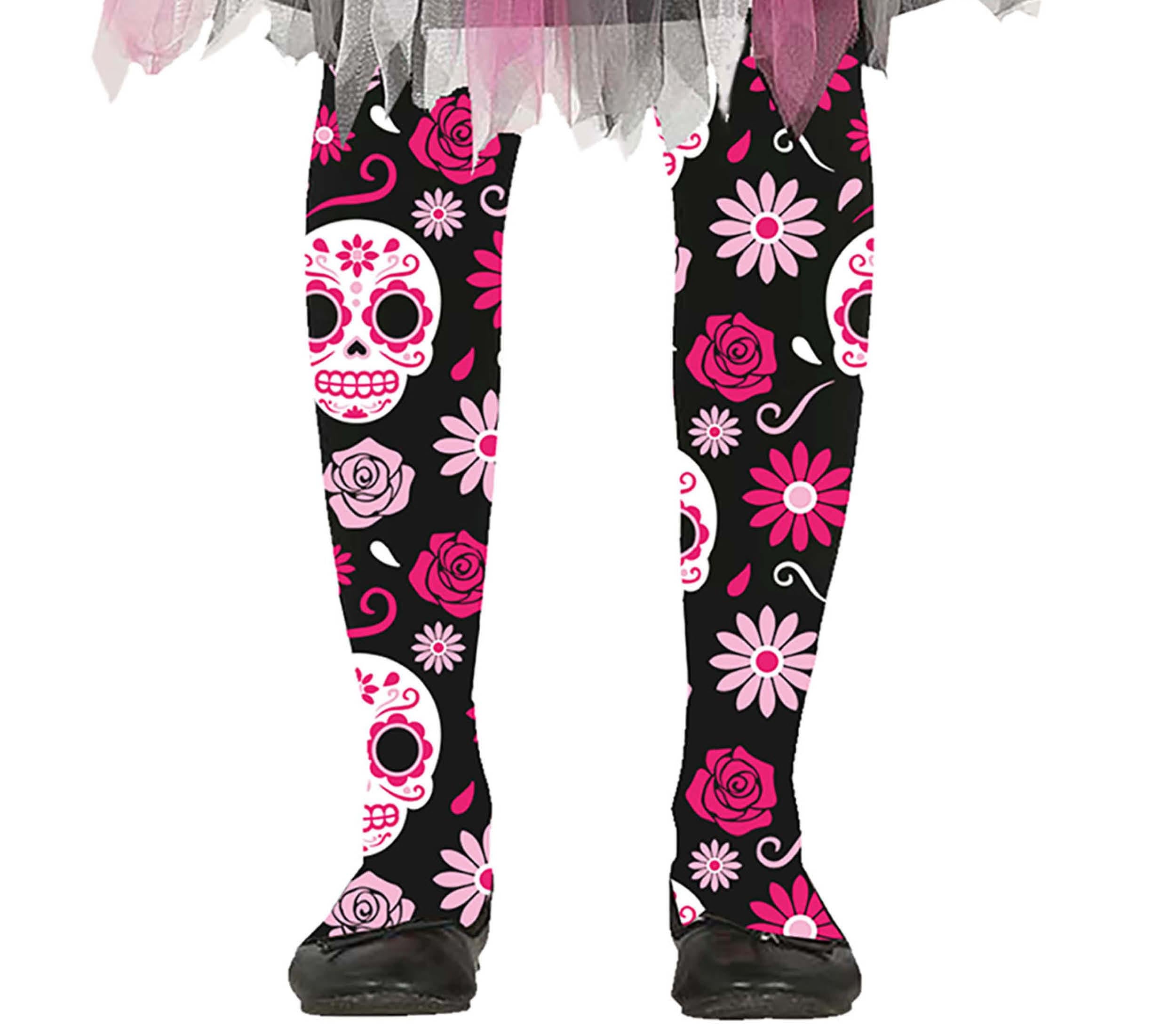 GP17147 – Tag Der Toten Karneval Strumpfhose – Größe: 7 - 12 Jahre – Farbe: Schwarz