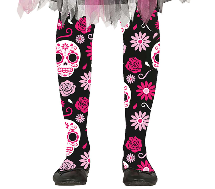 GP17147 – Tag Der Toten Karneval Strumpfhose – Größe: 7 - 12 Jahre – Farbe: Schwarz, Ansicht 2