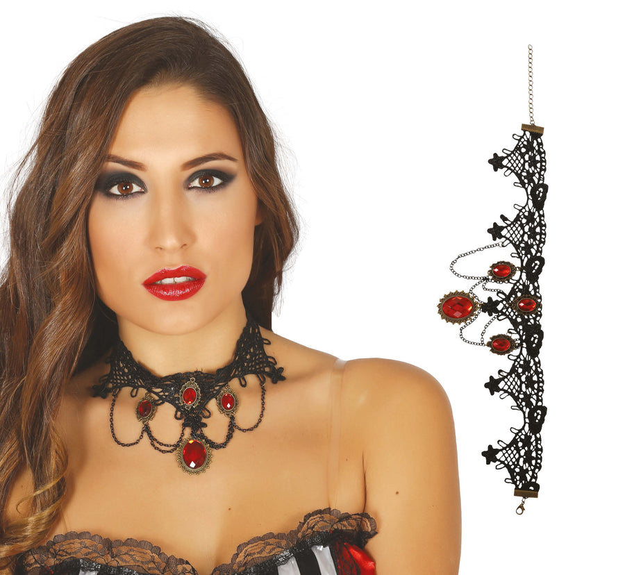 Gothic Halsband für Damen mit roten Steinen