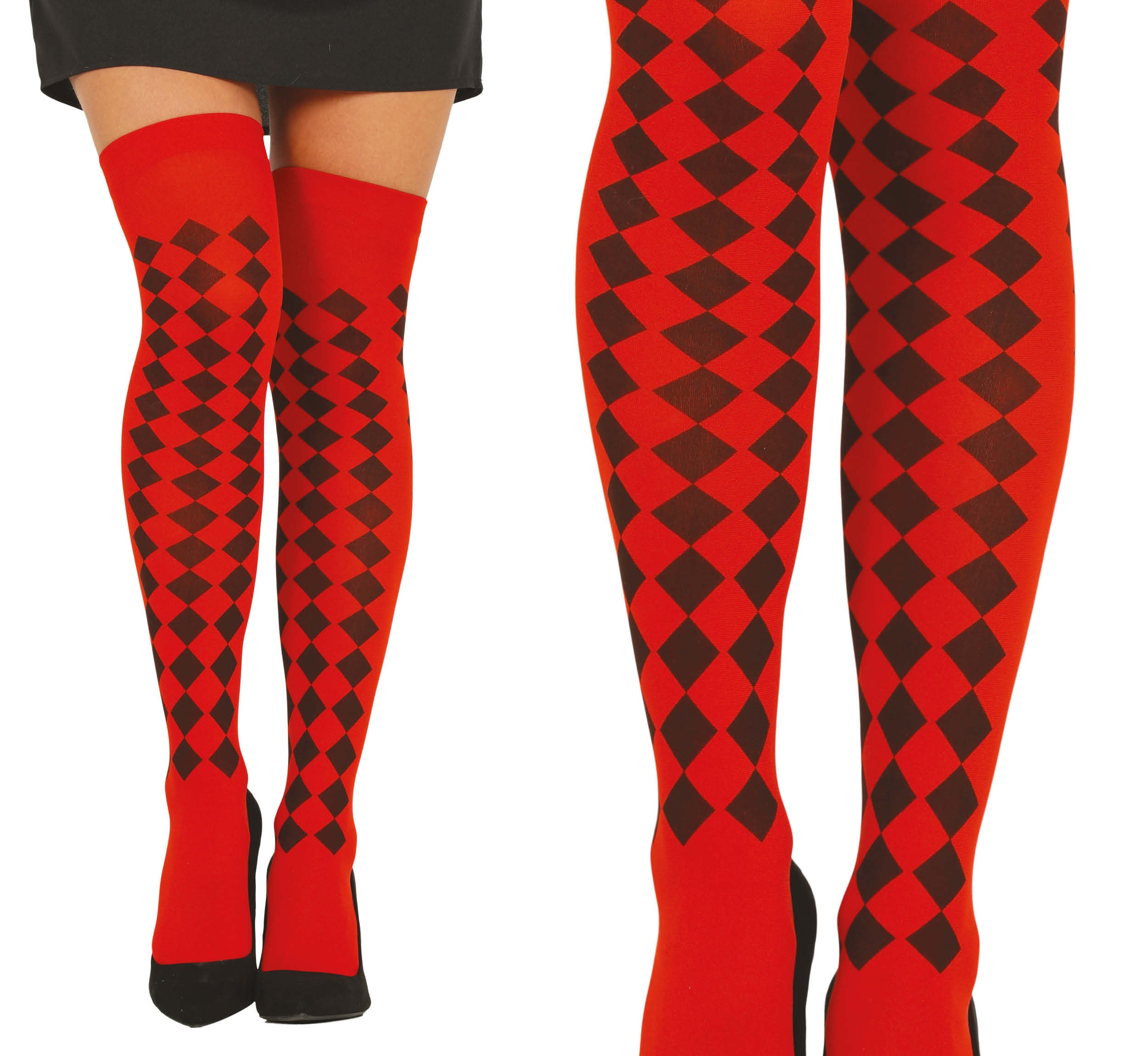 GP17537 – Harlekin Karneval Strümpfe Rot Schwarz – Farbe: Rot