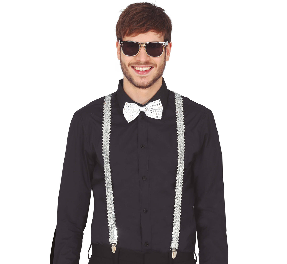 GP18811 – Silvester Glanz Accessoire Set Brille Fliege – Farbe: Silber, Gold