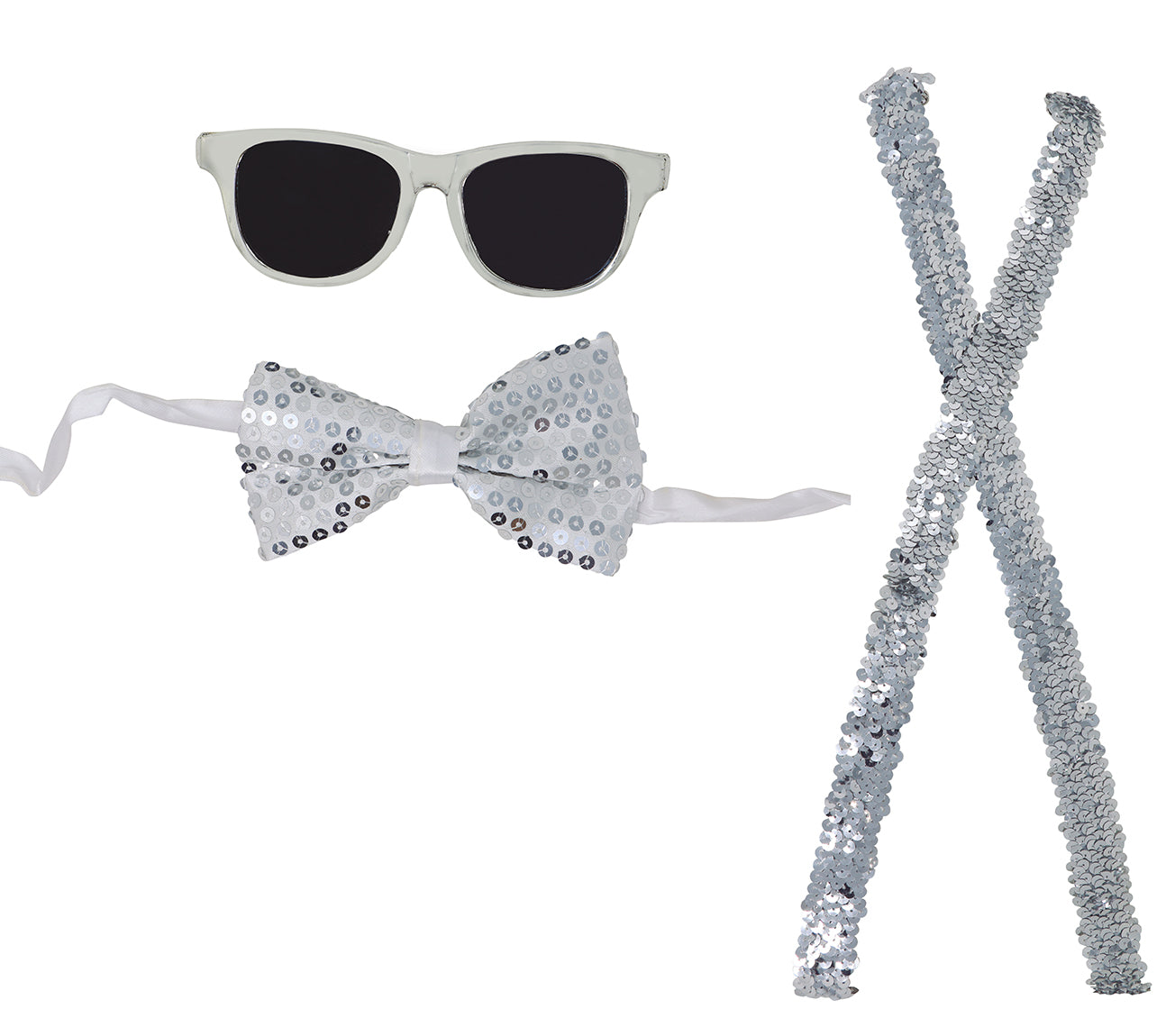 GP18811 – Silvester Glanz Accessoire Set Brille Fliege – Farbe: Silber, Gold