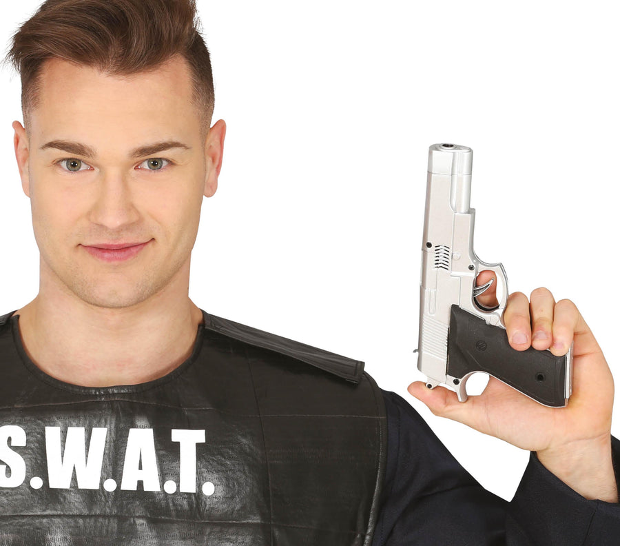 Pistole für Erwachsene silber 24 cm SWAT
