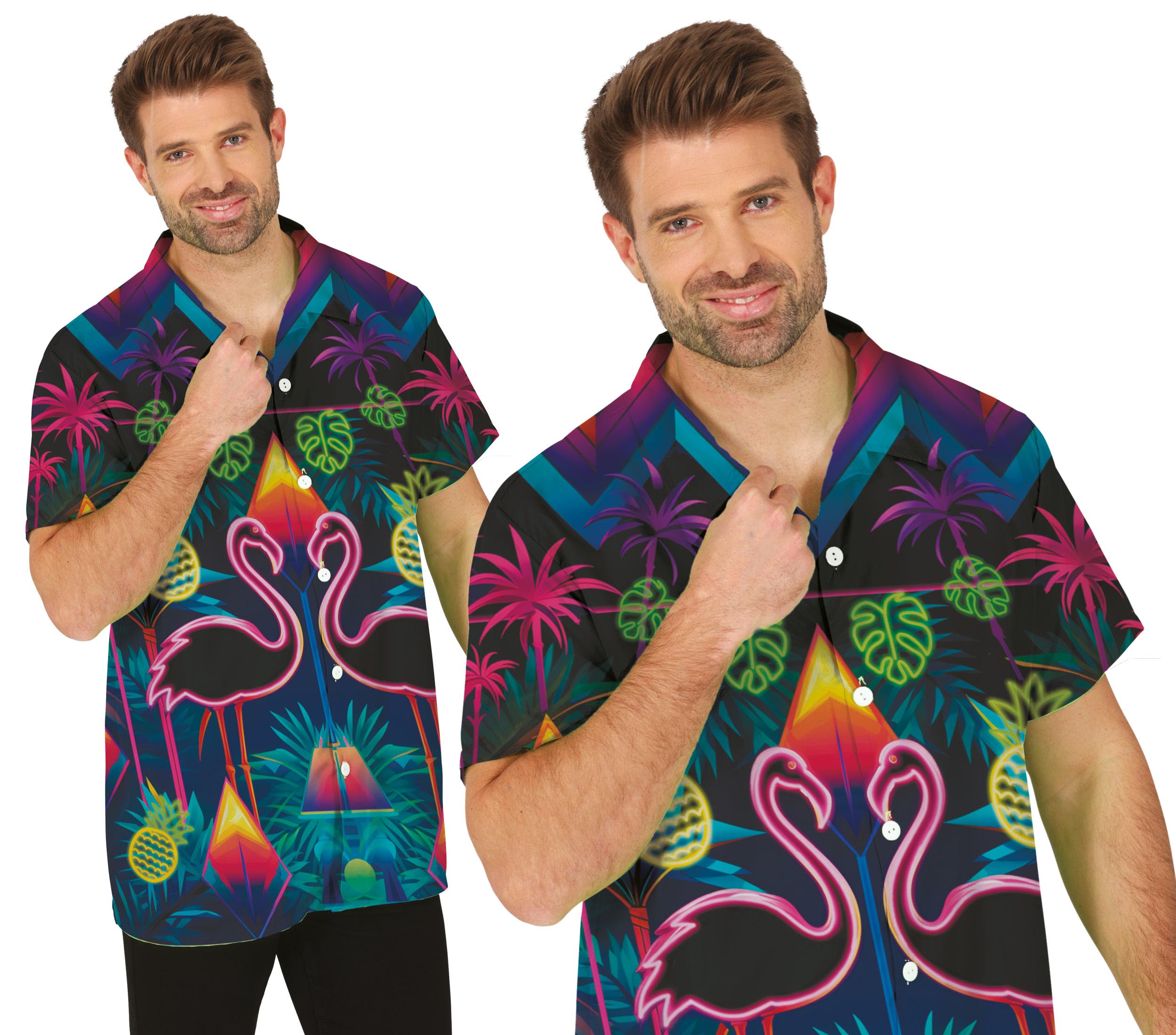 GP18972 – Flamingo Sommer Hemd Tropische Neon – Größe: 48 - 50 (M), 52 - 54 (L) – Farbe: Mehrfarbig
