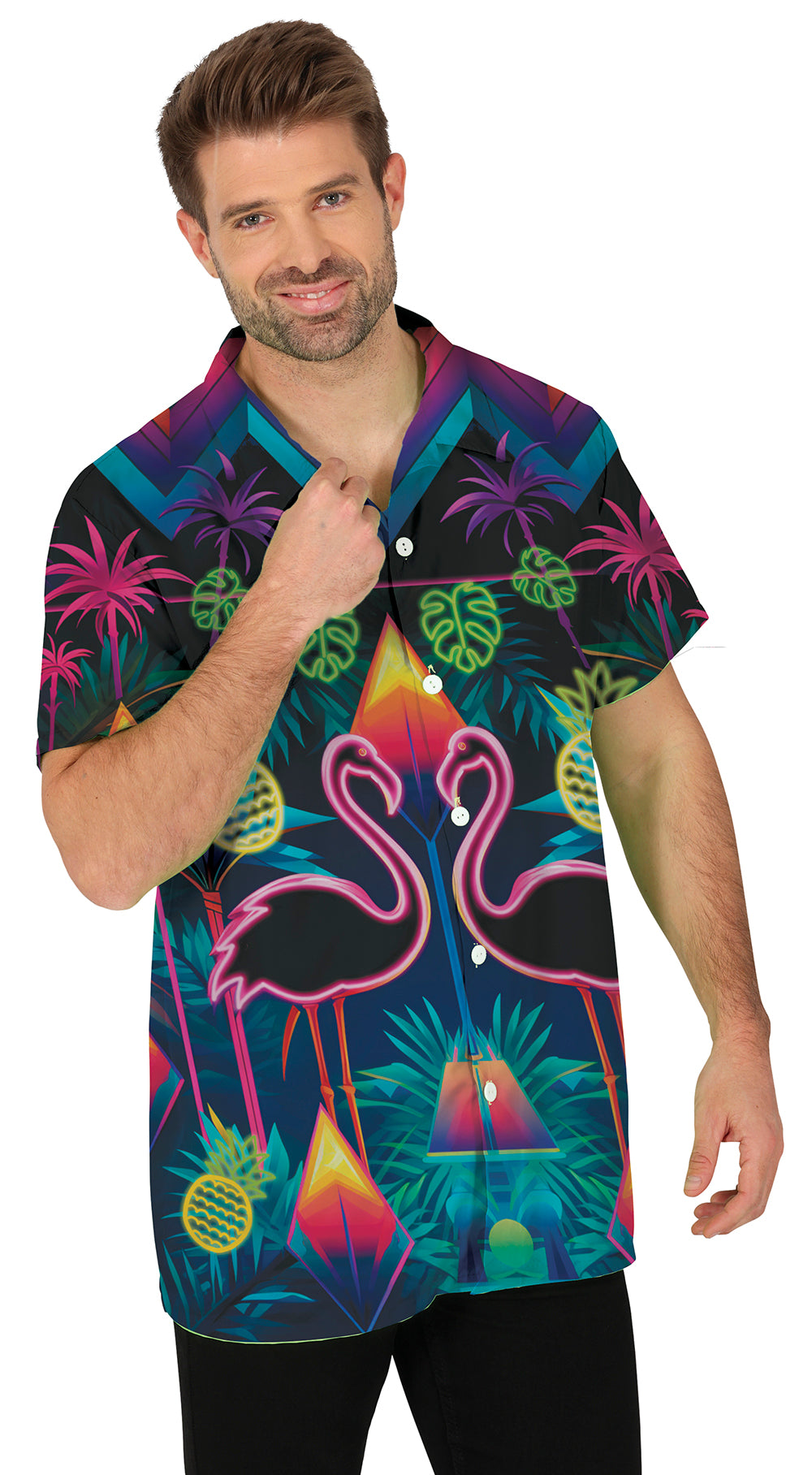 GP18972 – Flamingo Sommer Hemd Tropische Neon – Größe: 48 - 50 (M), 52 - 54 (L) – Farbe: Mehrfarbig