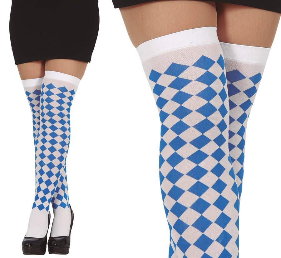 Oktoberfest Overknee Strümpfe für Damen blau weiß