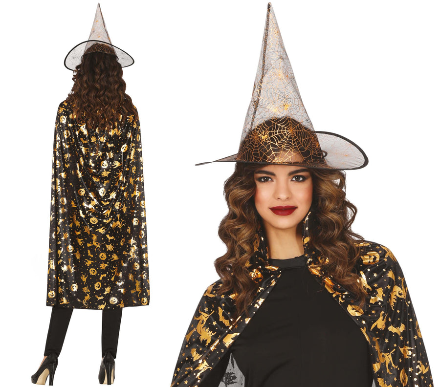 Hexen Kostüm Set für Damen 110 cm schwarz gold