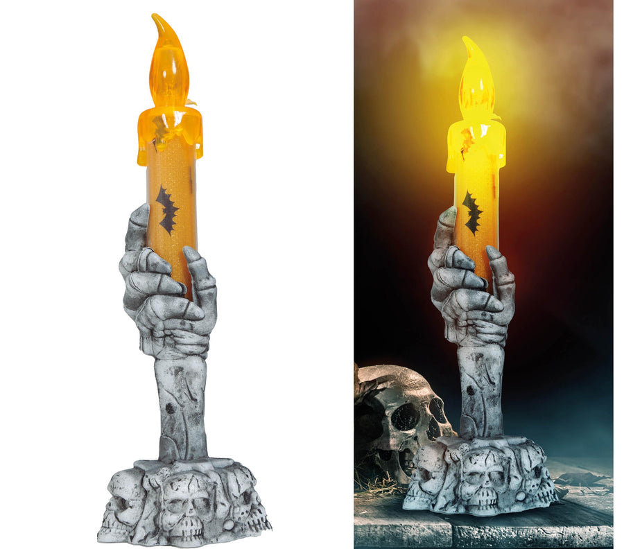 Totenkopf Kerzenhalter 15 cm mit LED Kerze
