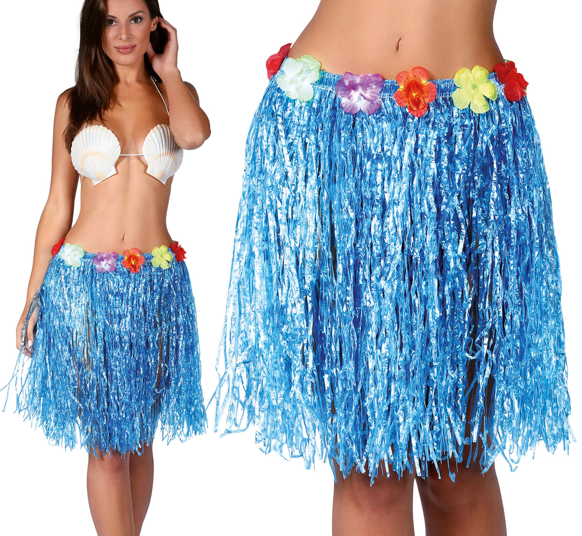 GP17630 – Hawaii Rock für Damen 50 bis 55 cm mit Blumen – Farbe: Blau