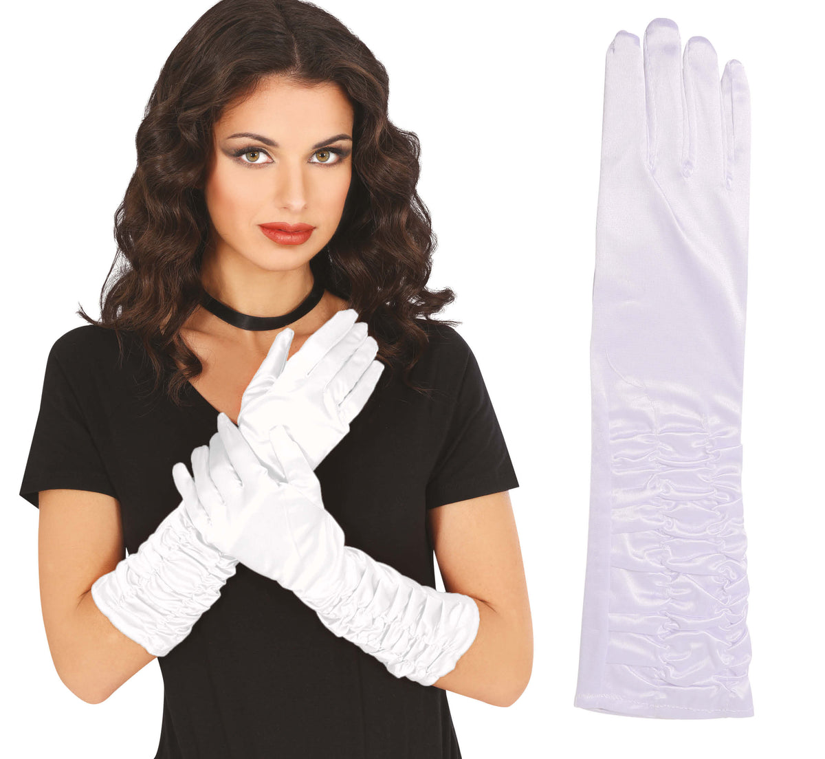 GP17868 – Glamour Handschuhe für Damen 40 cm gerafft – Farbe: Weiß