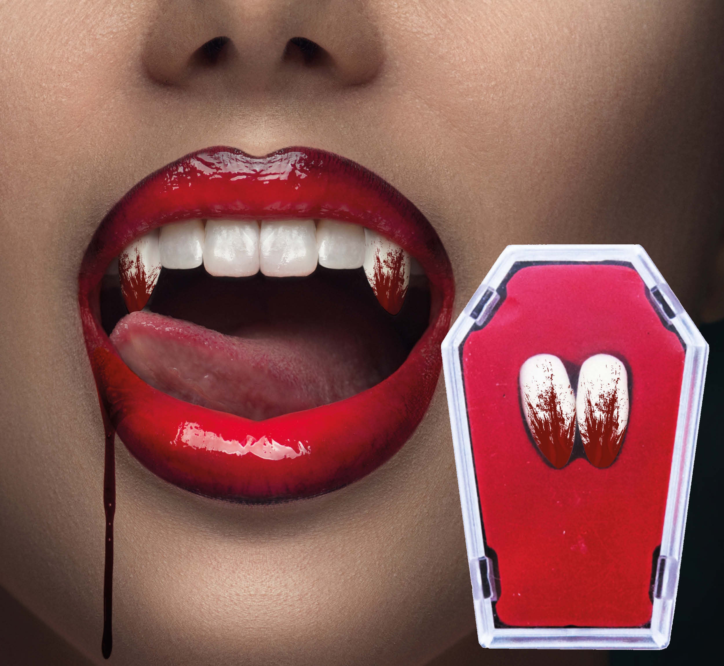 GP20908 – Vampir Halloween Zähne Blutrot Horror – Farbe: Weiß / Rot