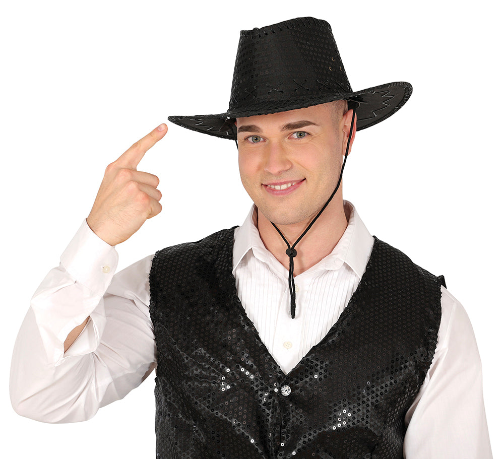 GP23031 – Cowboy Paillettenhut Schwarz Karneval – Farbe: Schwarz, Silber, Gold, Pink, Rot