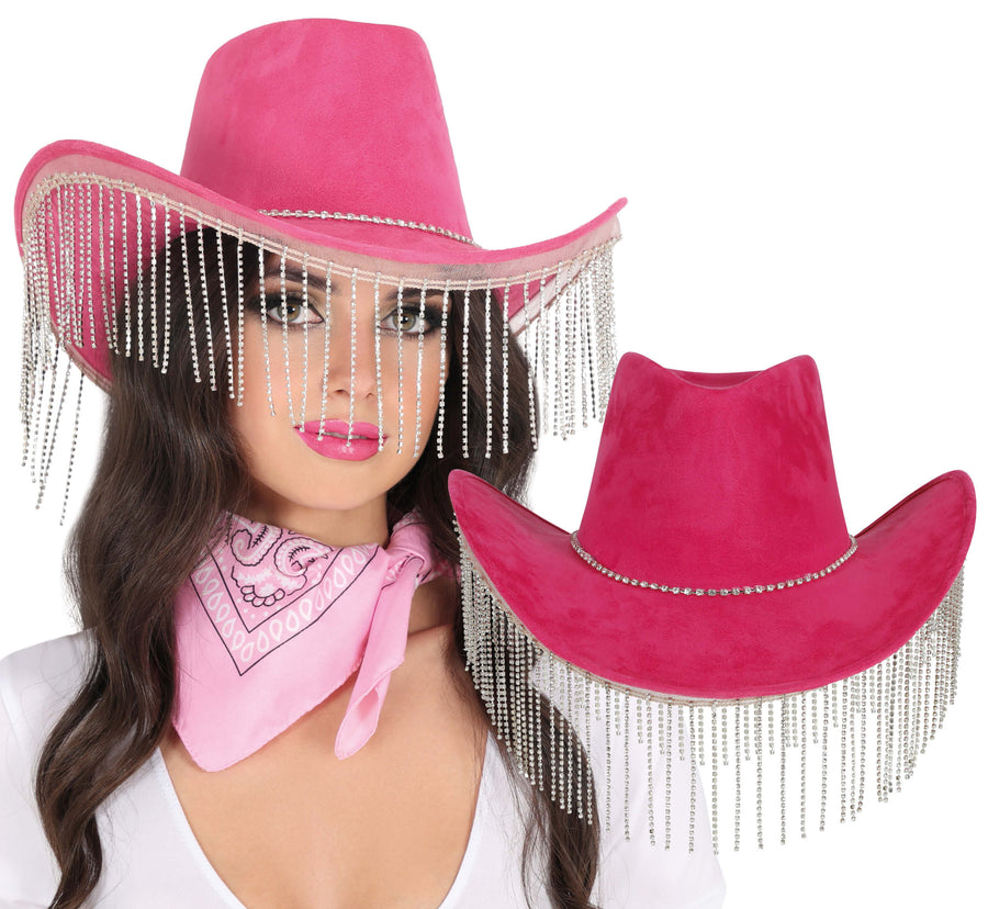 Cowboyhut für Damen pink mit Strass Fransen