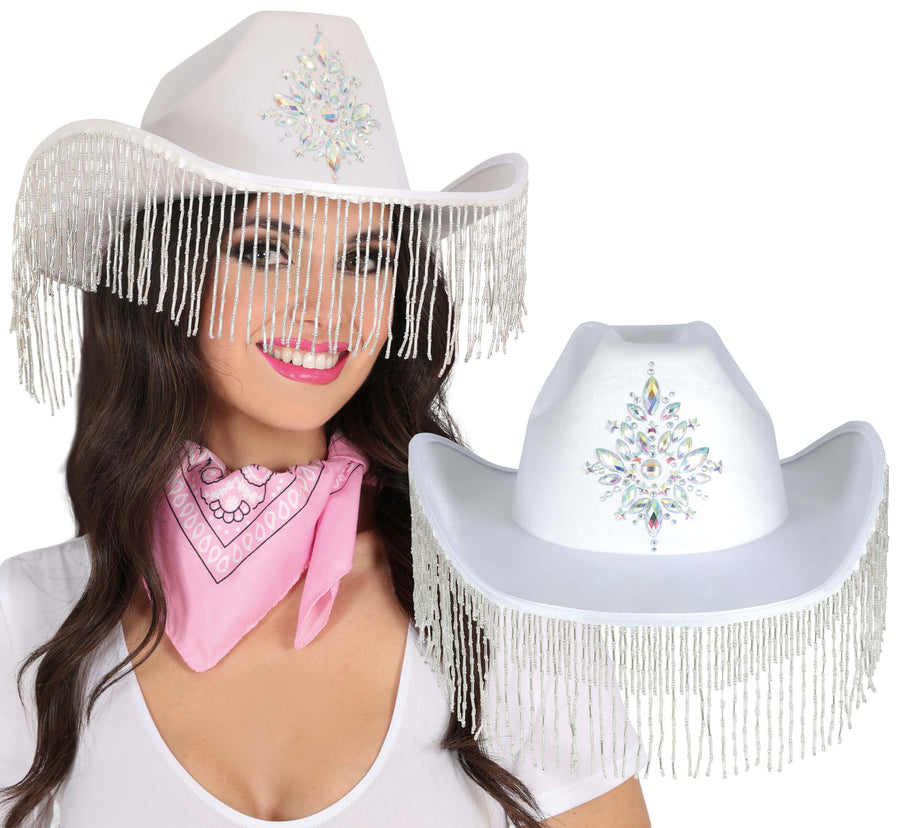 Cowboyhut für Erwachsene weiß mit Strass Fransen