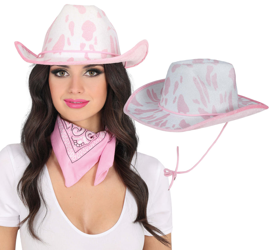 Cowboyhut für Erwachsene weiß rosa Kuhmuster