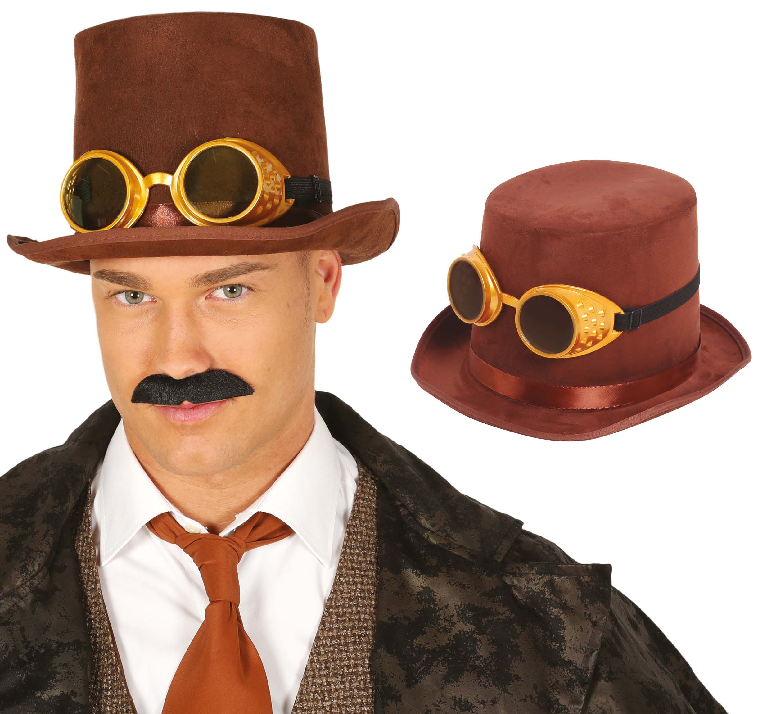 GP23118 – Steampunk Zylinder Hut Mit Brille – Farbe: Braun