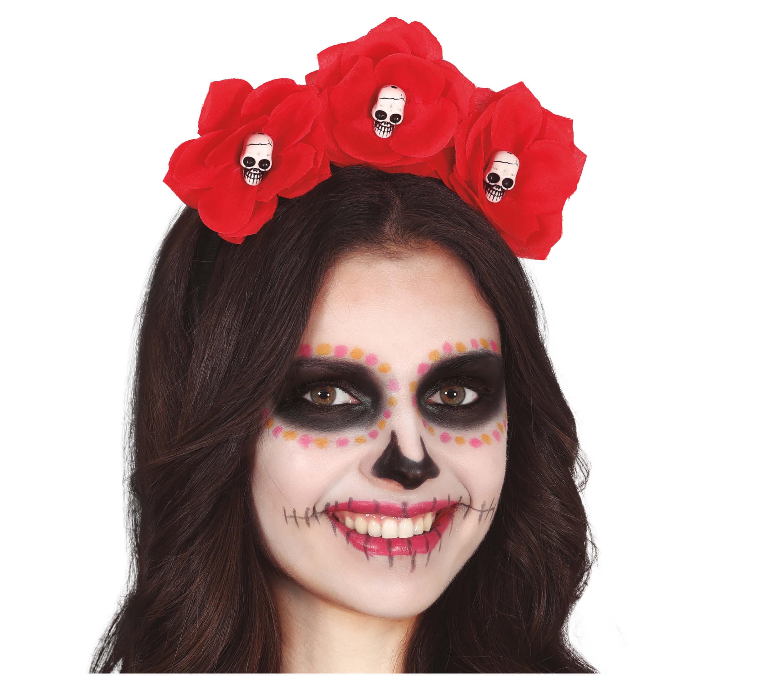 GP24526 – Tag Der Toten Haarschmuck Rote Blumen – Farbe: Rot