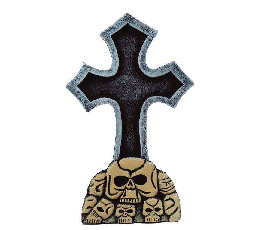 GP26591 – Halloween Grabstein Kreuz Totenkopf – Farbe: Grau
