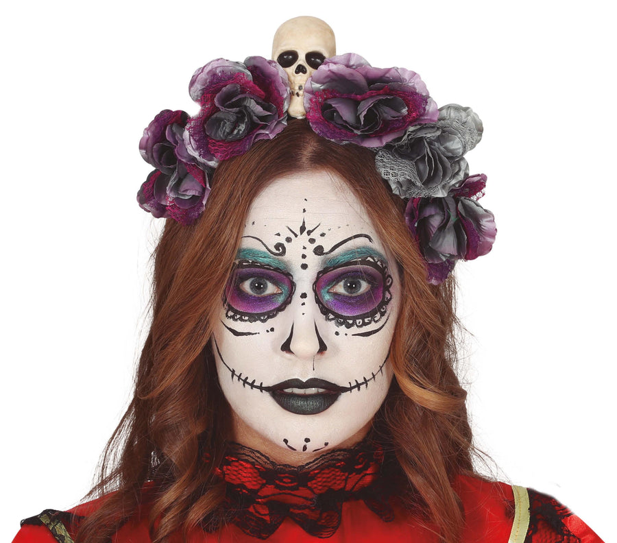 Catrina Blumen Haarreif für Damen mit Totenkopf