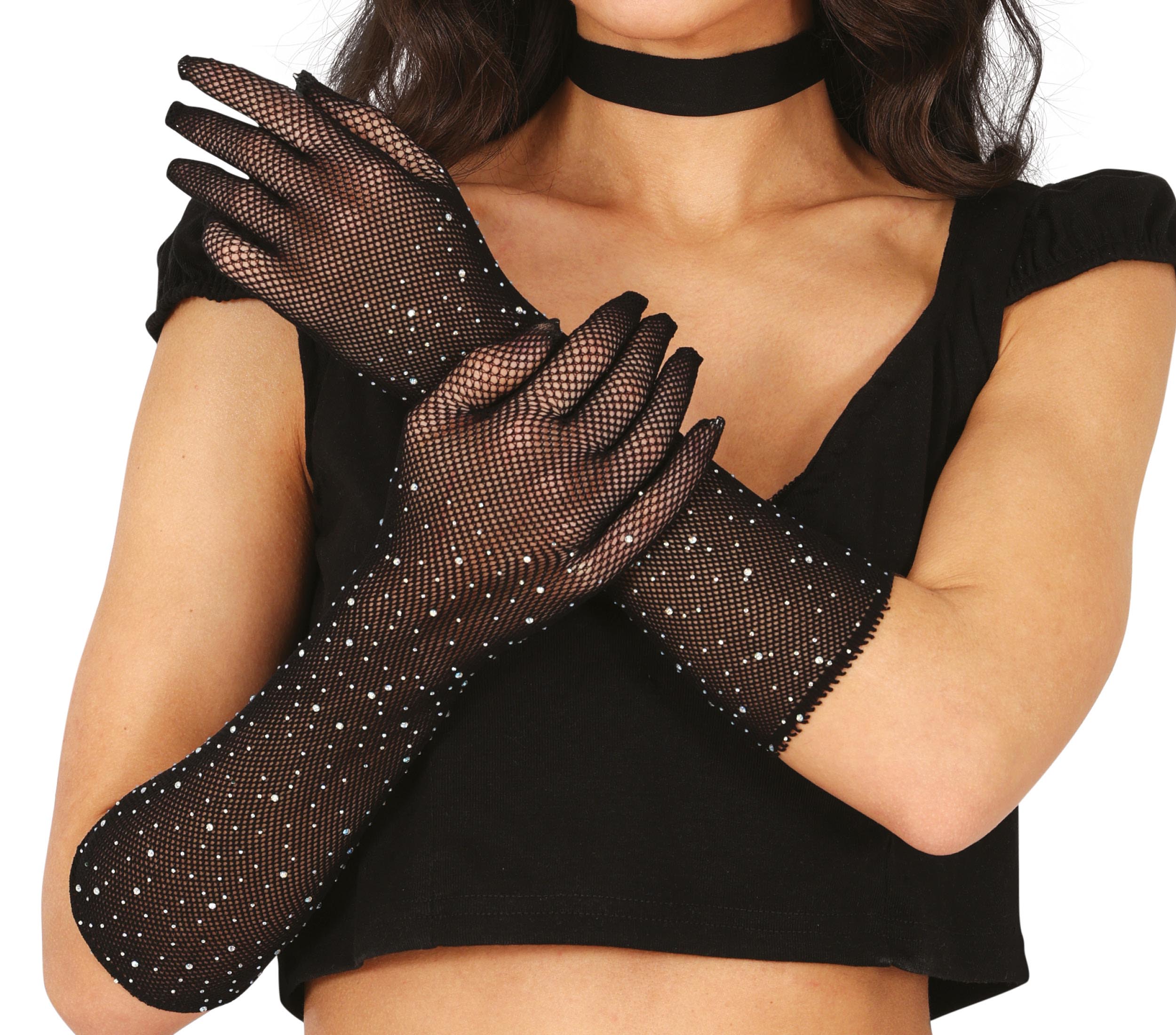 GP27054 – Marquisen Glanzvolle Netzhandschuhe Strass – Farbe: Schwarz, Rot