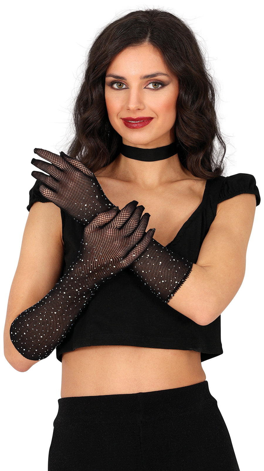 GP27054 – Marquisen Glanzvolle Netzhandschuhe Strass – Farbe: Schwarz, Rot, Ansicht 2