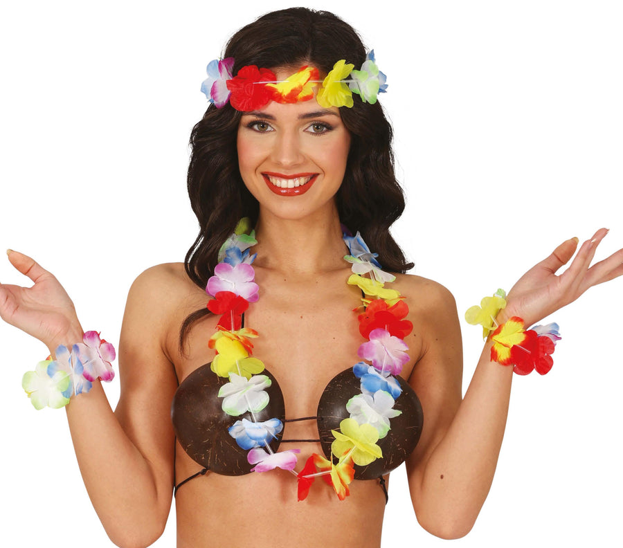 Hawaii Set für Damen 4 teilig mit Blumenkette