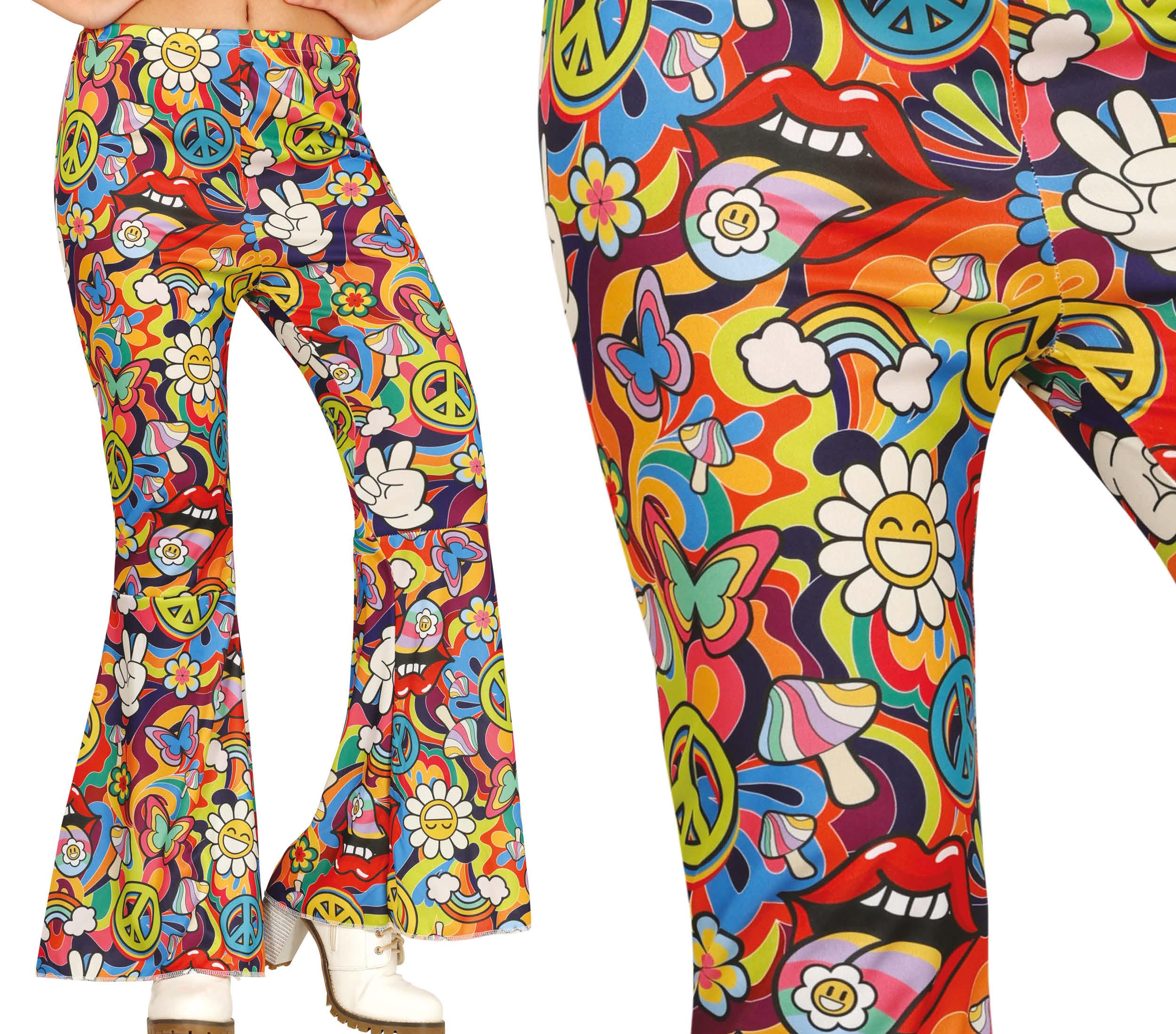 GP27161 – Hippie Flower Power Karneval Schlaghose – Größe: 38 - 40 (M), 42 - 44 (L) – Farbe: Mehrfarbig